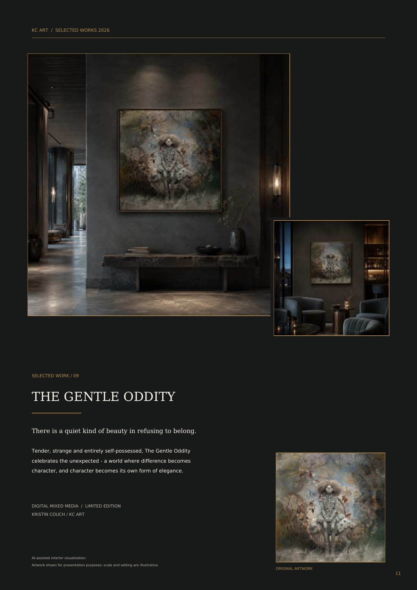 Interior design webpage with artwork titled "The Gentle Oddity." The scene shows a dark, elegant room with large abstract painting featuring a figure with multiple limbs and a face, surrounded by soft colors and textures. There is a console table beneath the painting with a vase and some books. A cozy seating area with chairs and side tables is visible on the right, with another artwork partially visible. The lighting is warm and subdued.