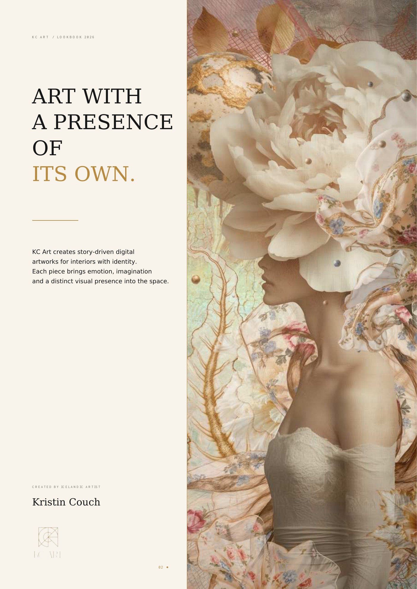 A digital artwork featuring a female figure with a large, elaborate floral headpiece, soft lighting, and a textured background. Includes text about art by Kristin Couch and the creative company KC Art.