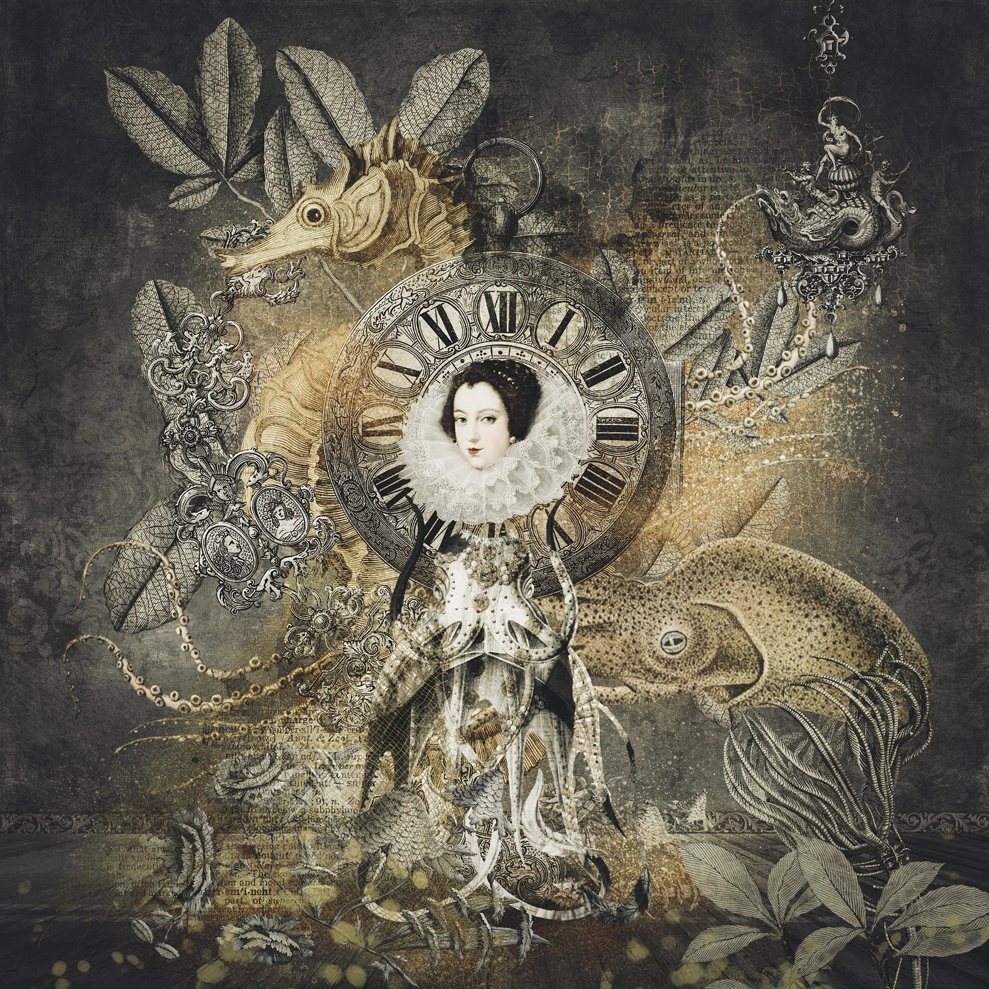 Intricate surreal artwork featuring a woman's face inside a vintage clock, surrounded by ornate floral designs, a horse head, and a fish-like creature.