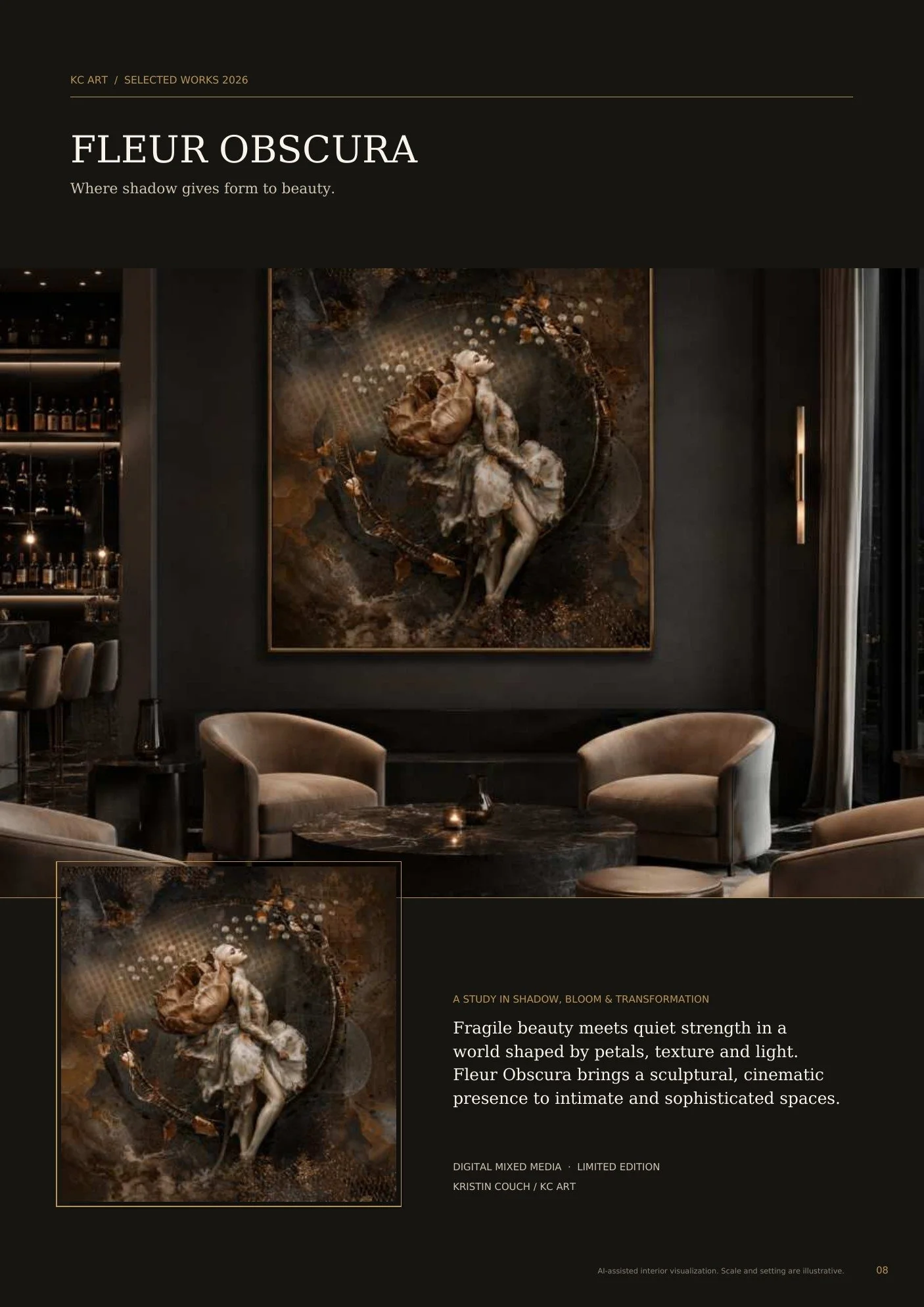 Interior of a dark, modern space with a large ornate artwork of a ballerina surrounded by abstract patterns and earthy tones, with beige chairs and a marble table in the foreground.