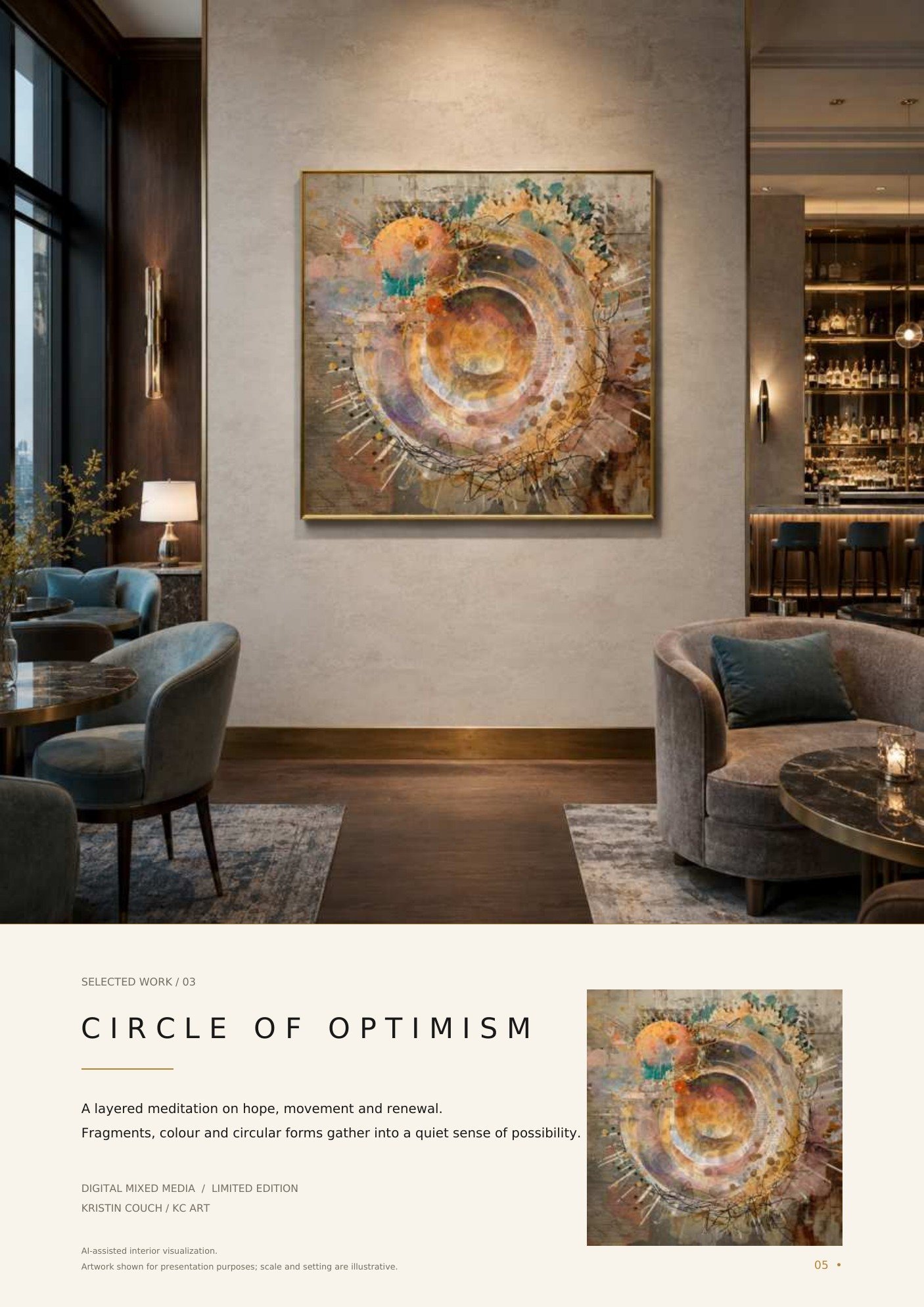Interior of a modern lounge with comfortable chairs, a side table with a lamp, and a large abstract painting featuring warm colors and circular forms on the wall. There's a bar area with bottles and barstools in the background.