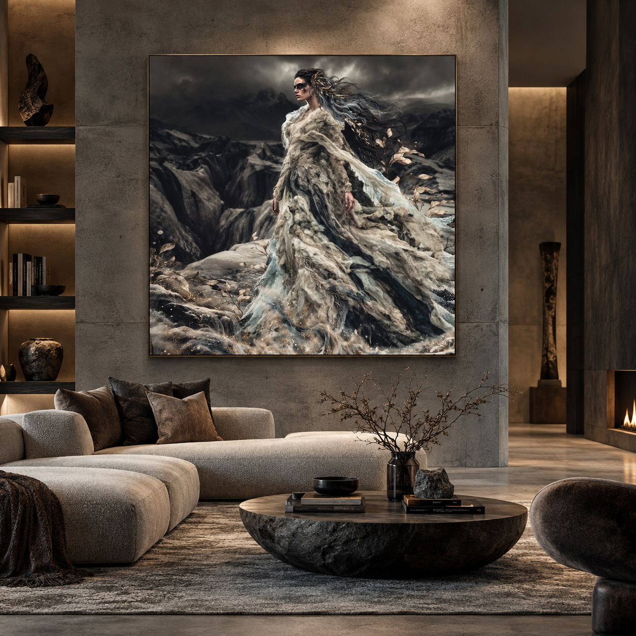 Daughter of Ancient Ice by KC Art displayed in a contemporary lounge with curved seating and a low coffee table.