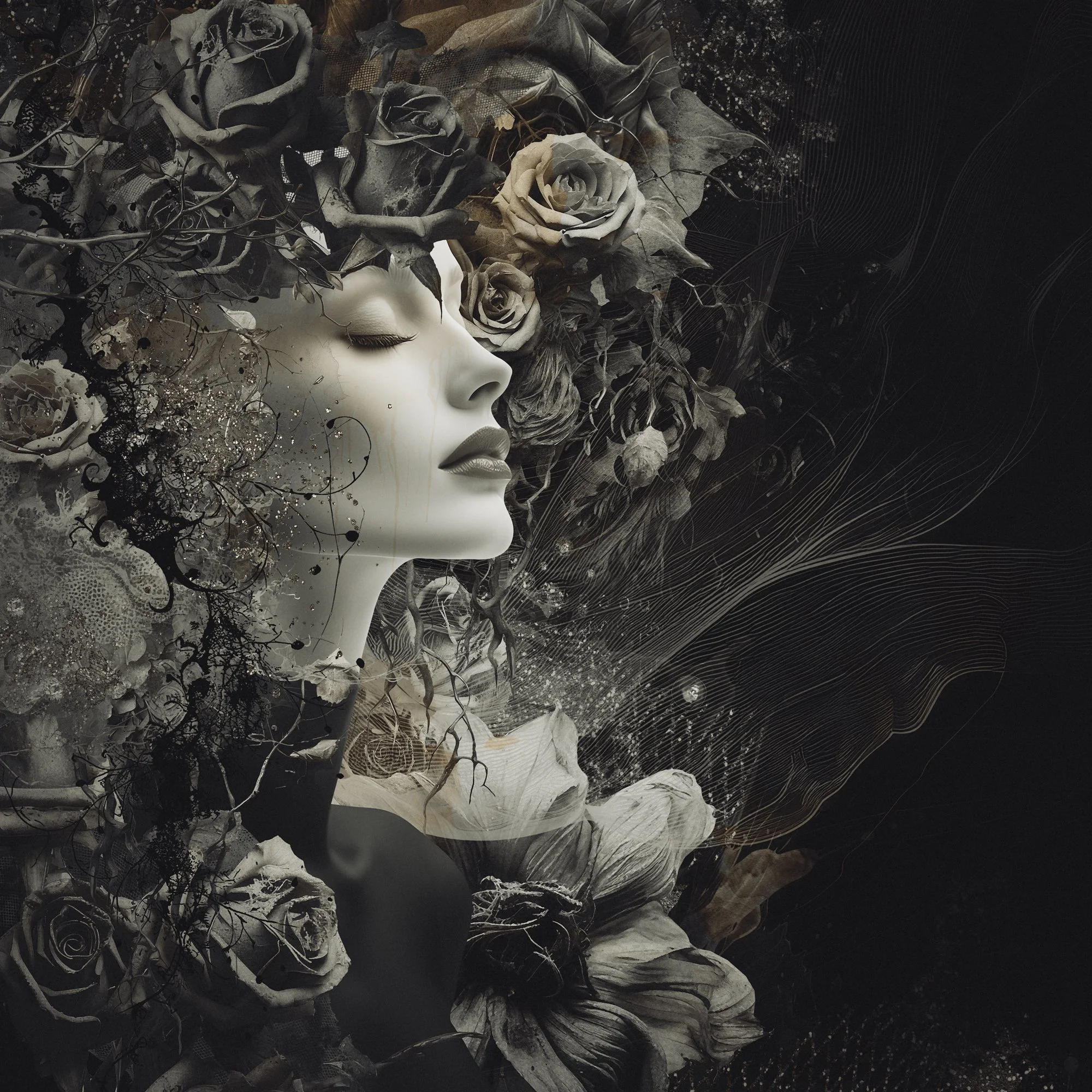Artistic illustration of a woman's face with closed eyes surrounded by an abundance of dark roses and floral elements, creating a surreal and dreamlike atmosphere.