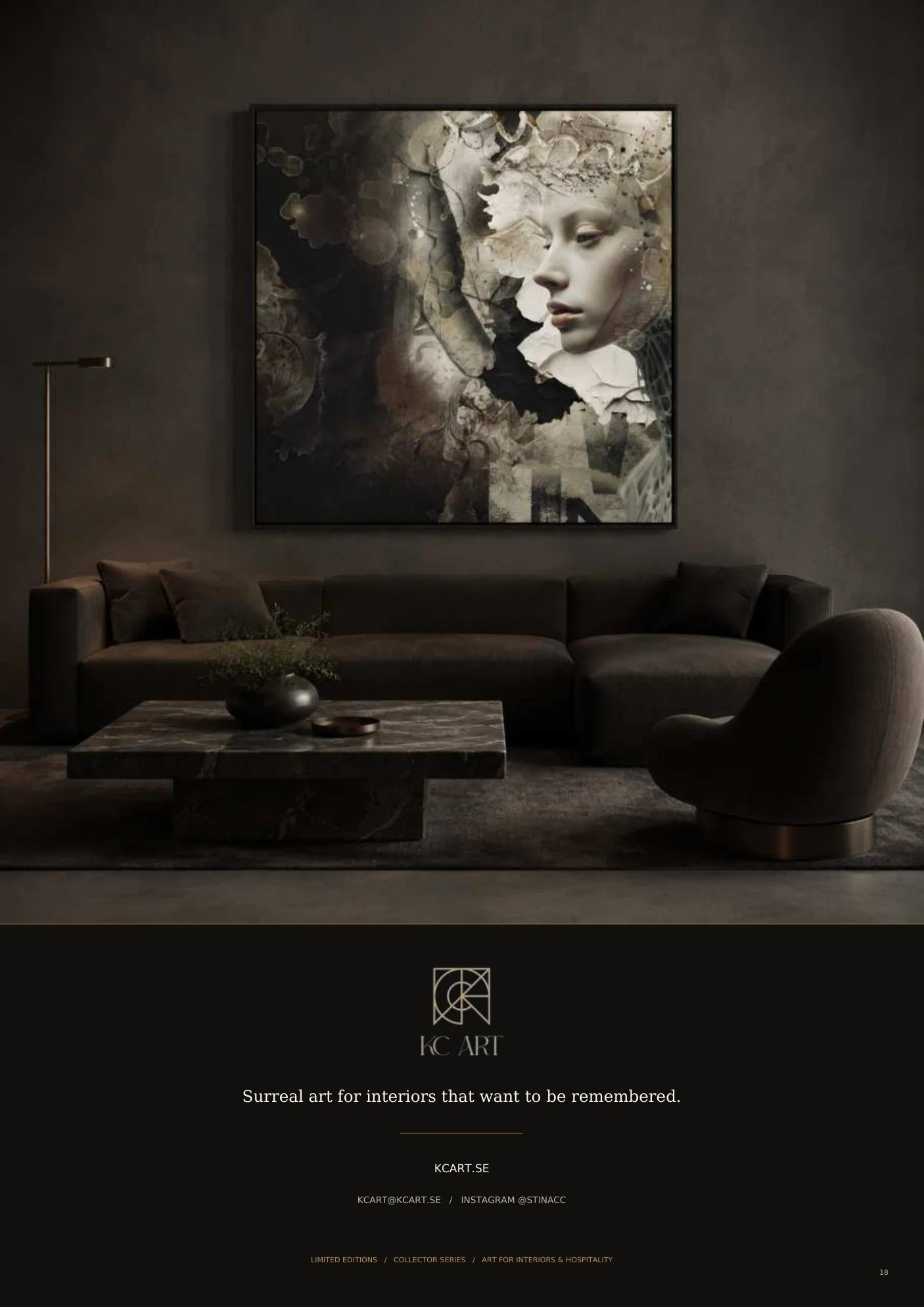A modern interior living room with a dark color scheme, featuring a large wall art of a surreal, blended artwork depicting a woman's face and abstract elements. The room has a black sofa with cushions, a marble coffee table with decorative items, and a floor lamp. The ambiance is minimalist and elegant.