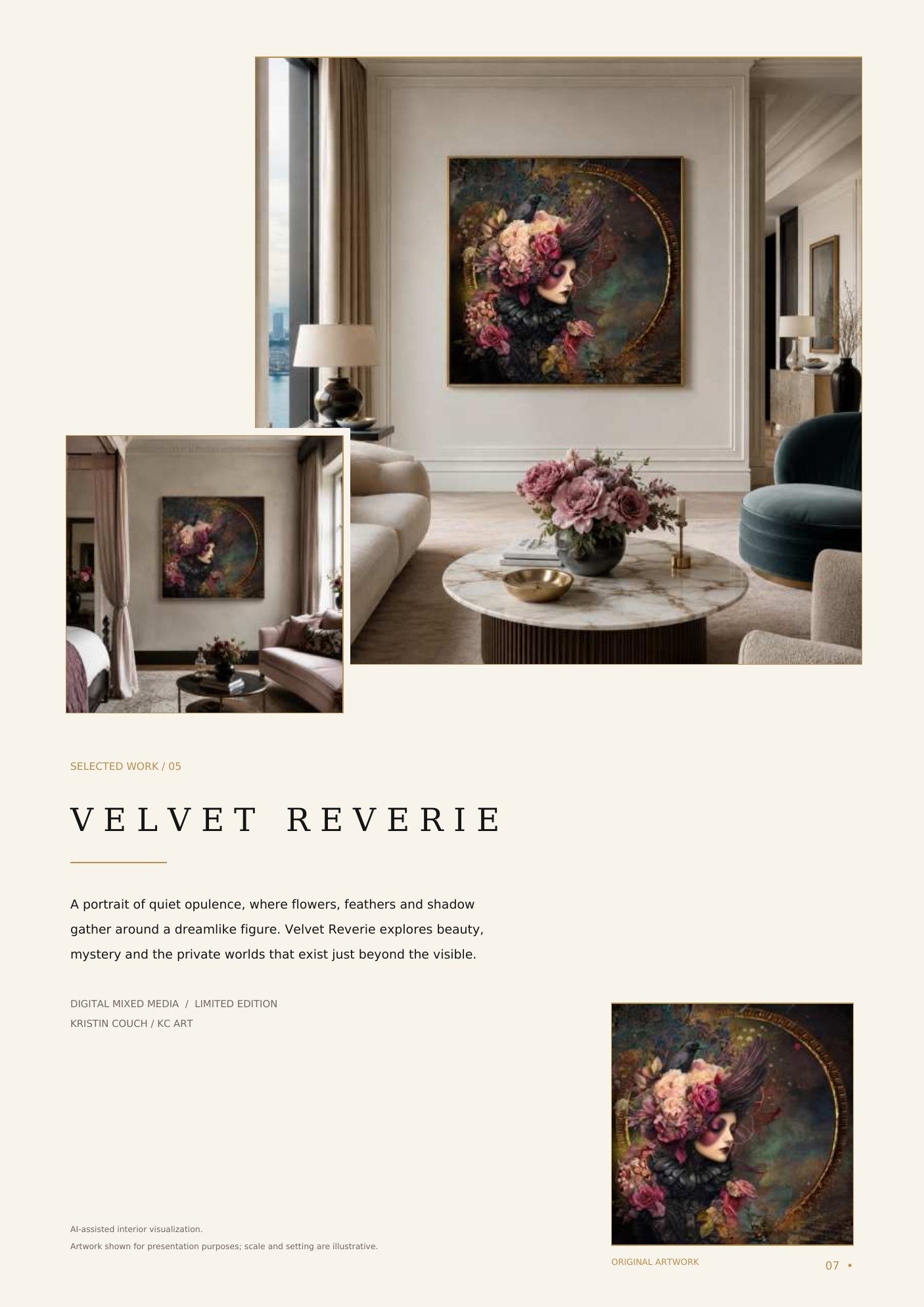 A living room with a large colorful painting of a woman adorned with flowers on the wall, a marble coffee table with pink flowers, and various furniture including a sofa and chairs. There's a window with curtains, and another similar painting can be seen in a smaller inset image.
