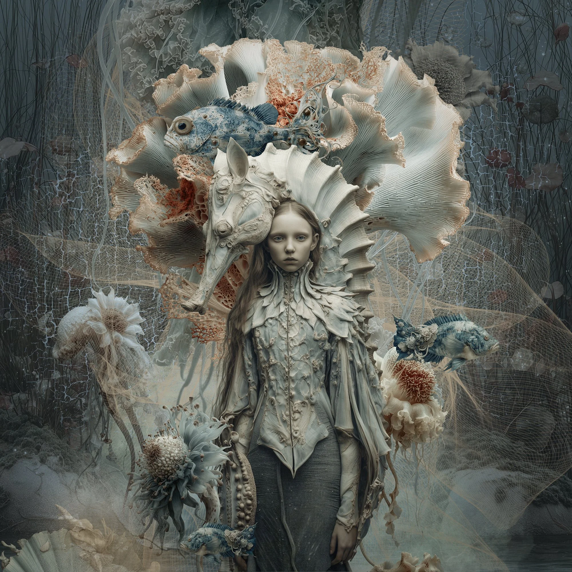 Surreal ocean-inspired artwork of a young woman adorned with seashells, coral, and a seahorse-like headdress, surrounded by marine textures and soft blue coastal tones.
