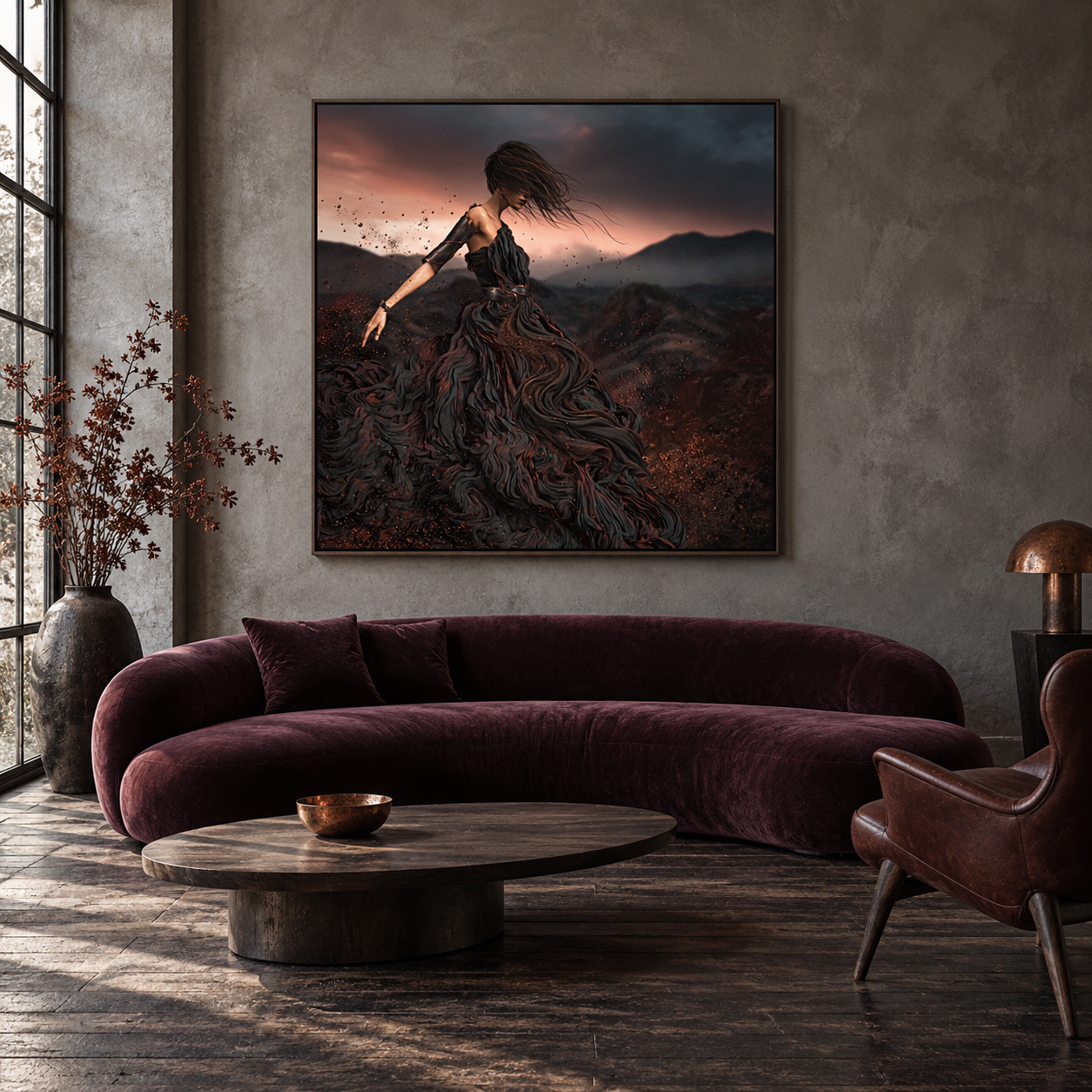 Daughter of Lava presented in a Nordic interior with concrete, dark wood and generous space