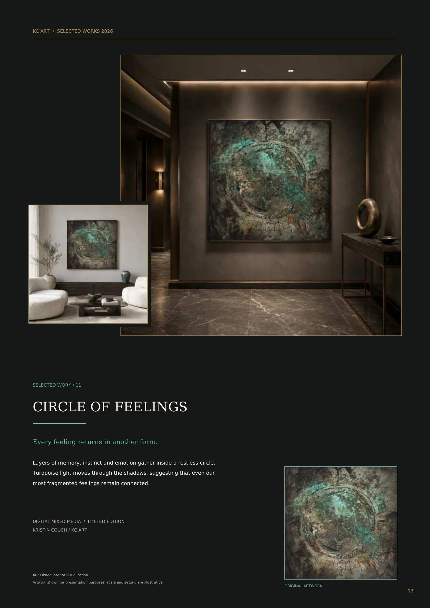 Art gallery interior with a large abstract painting on the wall, a sculpture and a table on a dark floor, and a smaller inset image of a textured circular artwork.