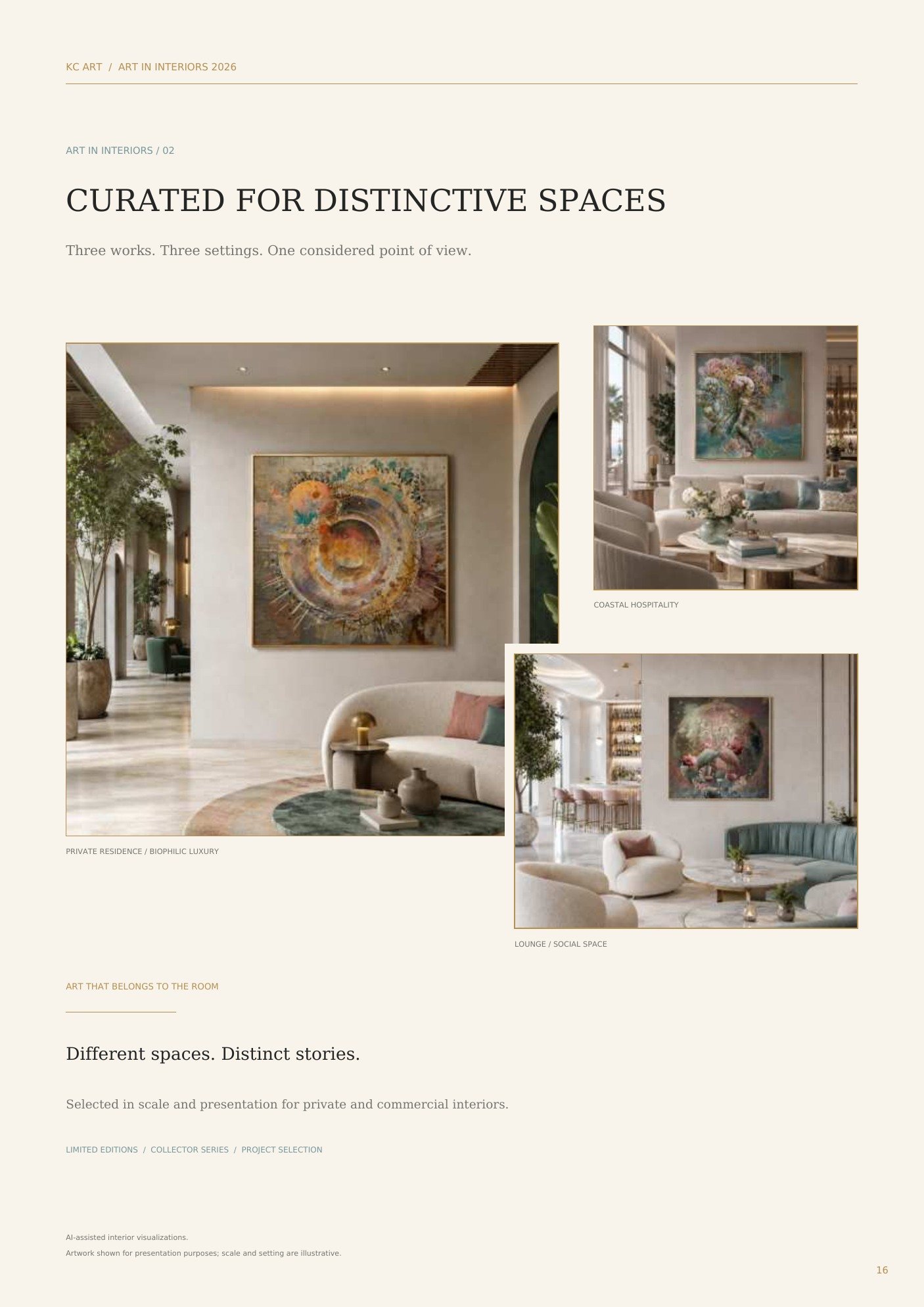 Interior magazine page displaying three different stylish living space designs with contemporary artwork, including a lush green plant, neutral-colored furniture, and decorative accents.