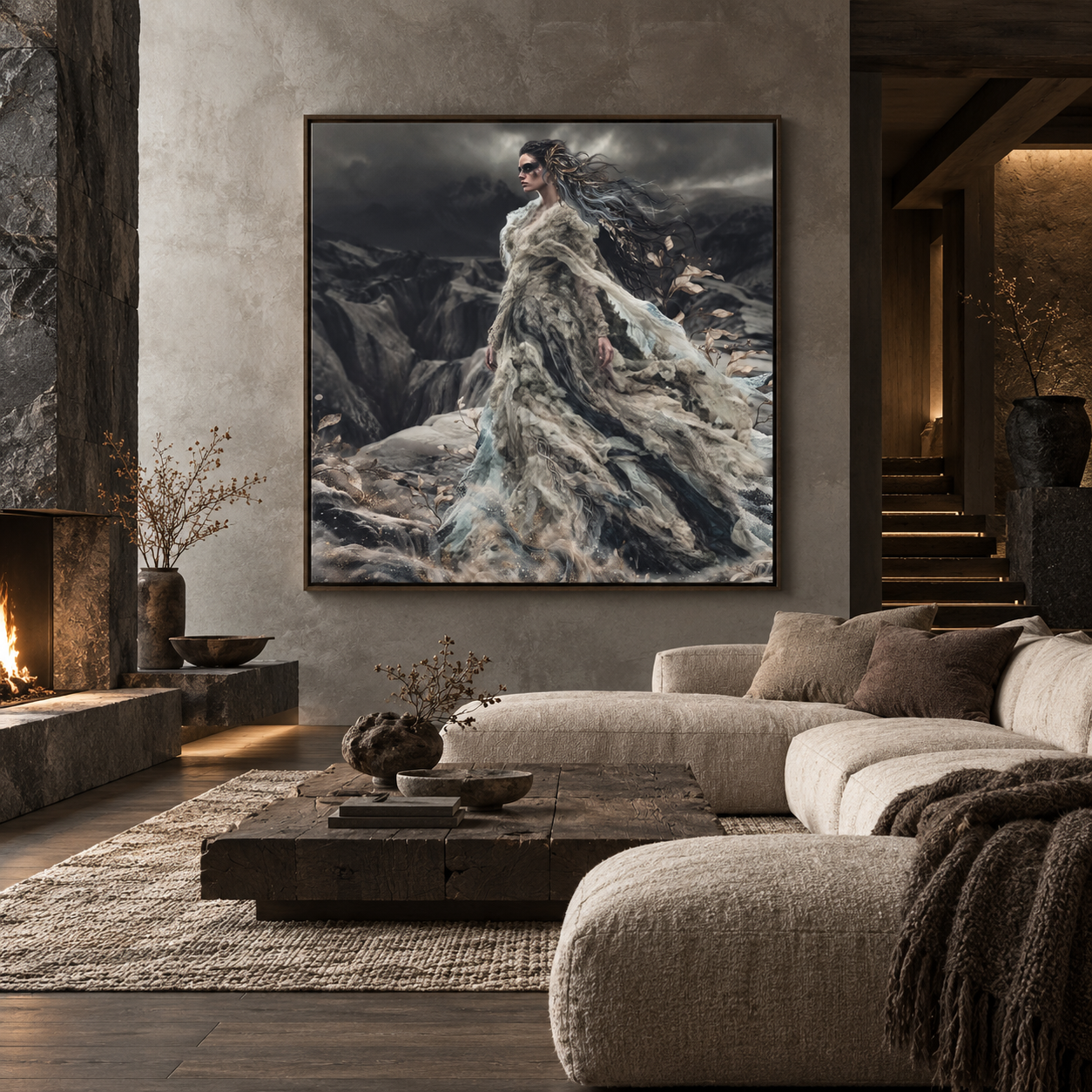 Daughter of Ancient Ice by KC Art displayed above a sofa in a contemporary living room with textured walls.