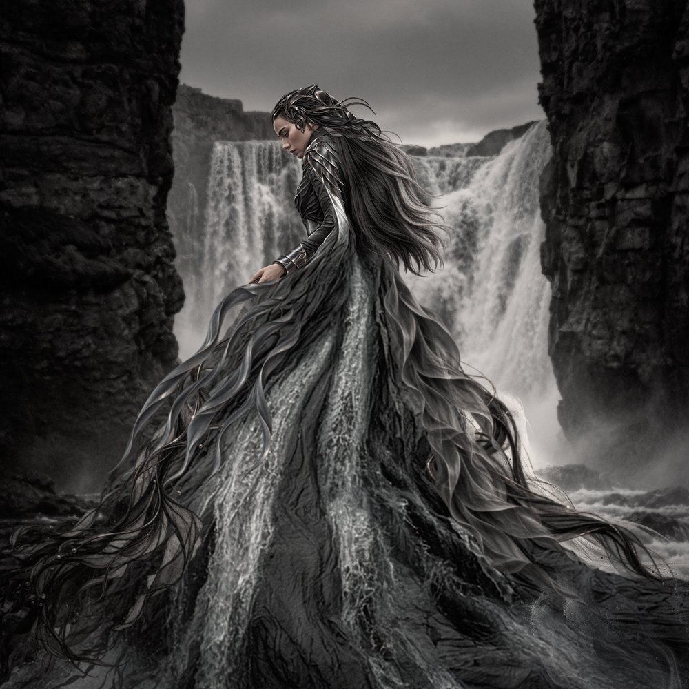 Daughter of the Waterfalls — Iceland-inspired digital mixed-media artwork by Kristin Couch