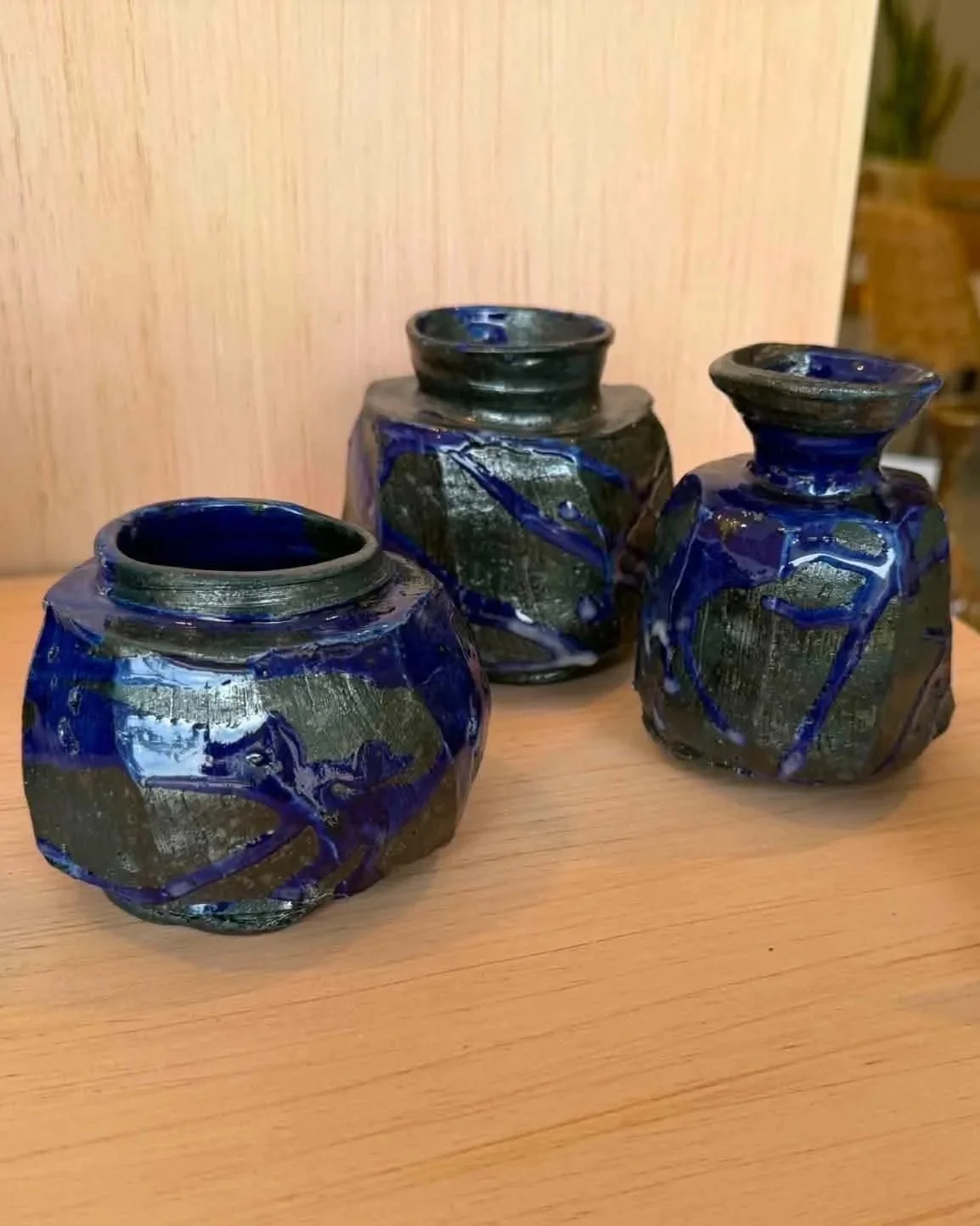 Three ceramic vases in Nocturne en bleu by Jose Solon Perfecto, consigned at Casa Selma in Cebu
