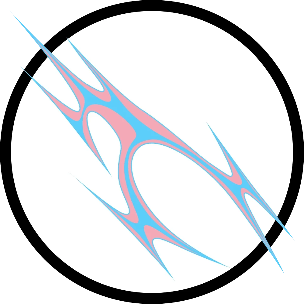 A colorful abstract digital artwork with a black background, white circle, and a blue and pink organic shape with pointed edges and flowing curves.