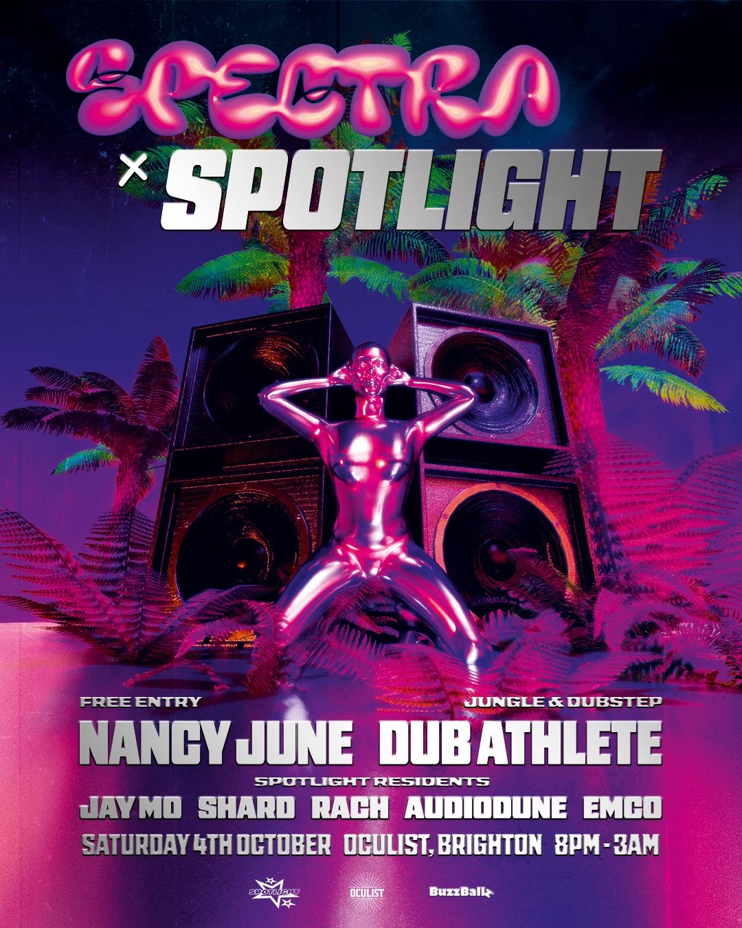 Event poster for Electro x Spotlight featuring a metallic female figure in front of large speakers, set against a neon-colored tropical background with palm trees.