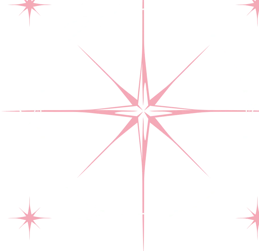 A pink and white star design with swirling patterns and shooting star motifs on a black background.