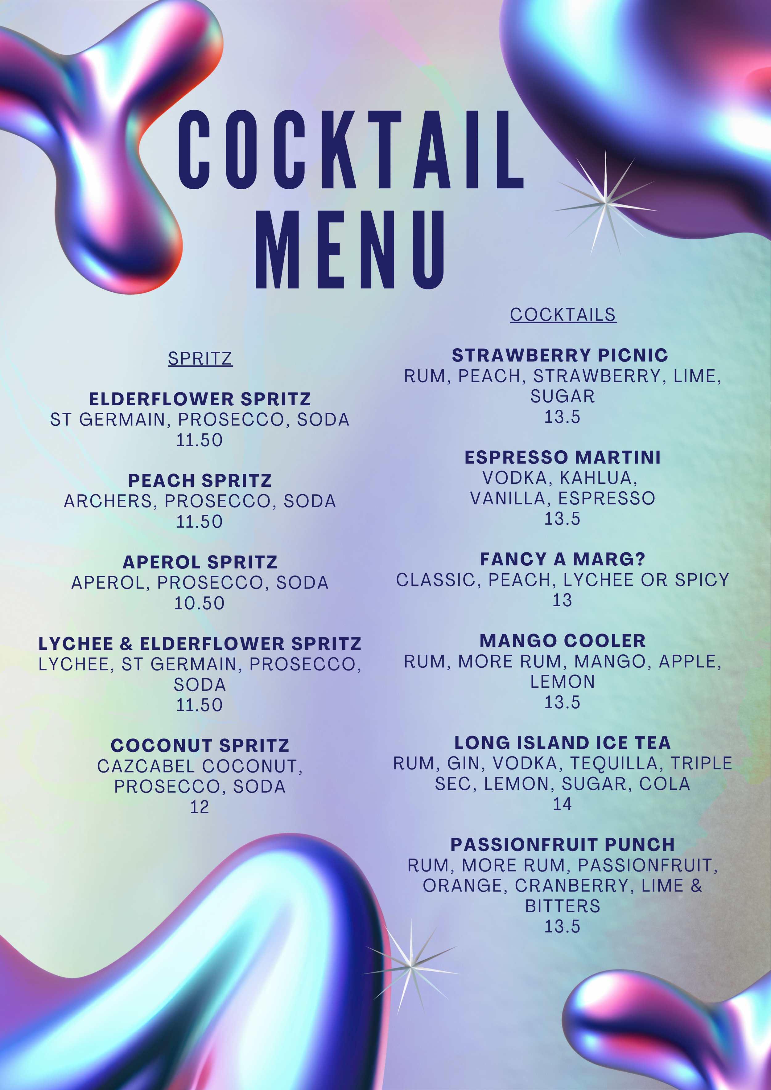 Colorful, iridescent abstract shapes with a cocktail menu listing drinks and prices.