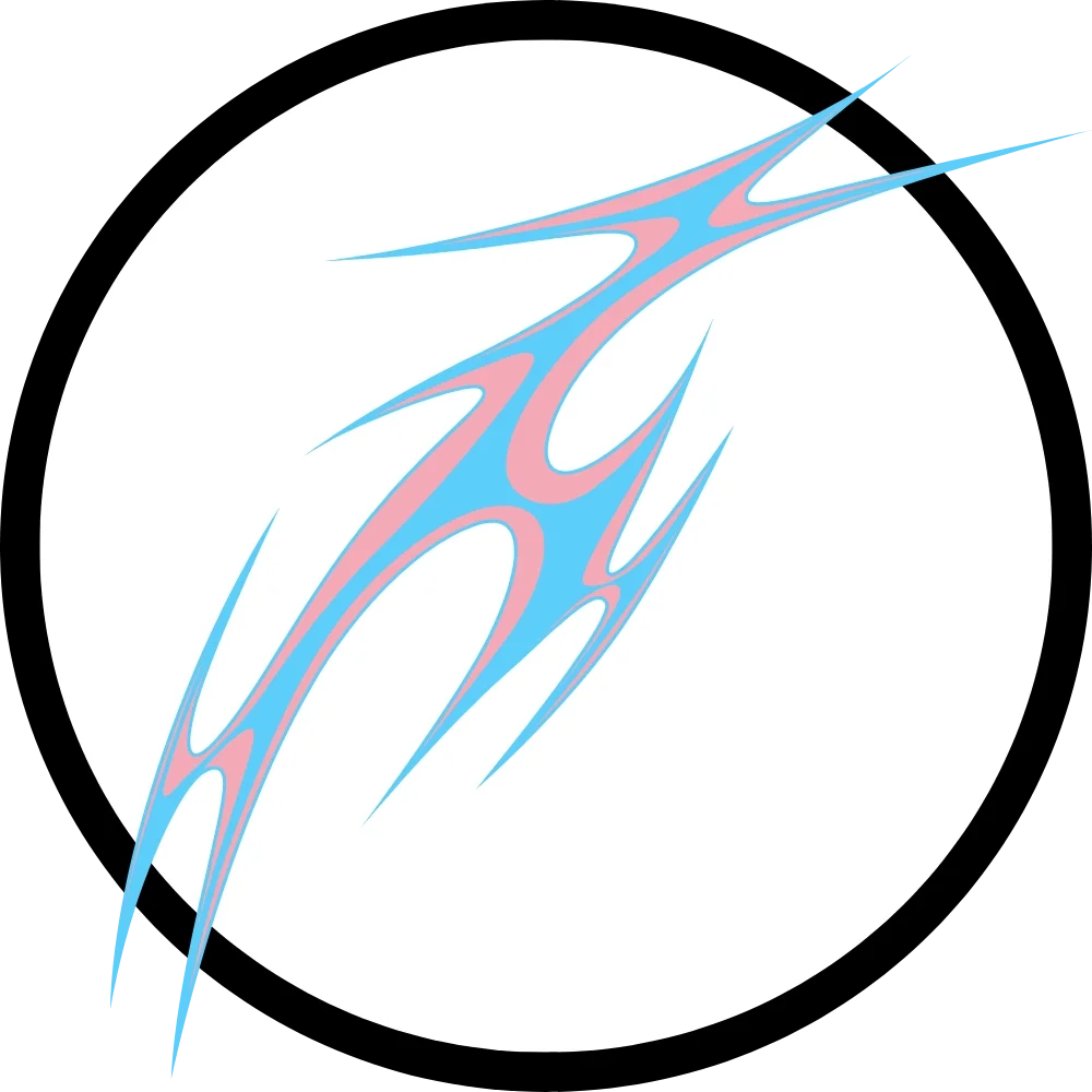 Graphic illustration of a stylized, jagged lightning bolt in pink and blue colors, set against a white circular background
