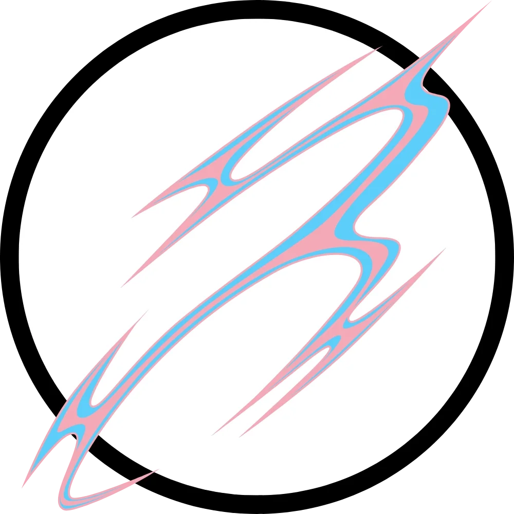 Abstract digital art with jagged blue and pink streaks on a white circular background, surrounded by a black area.