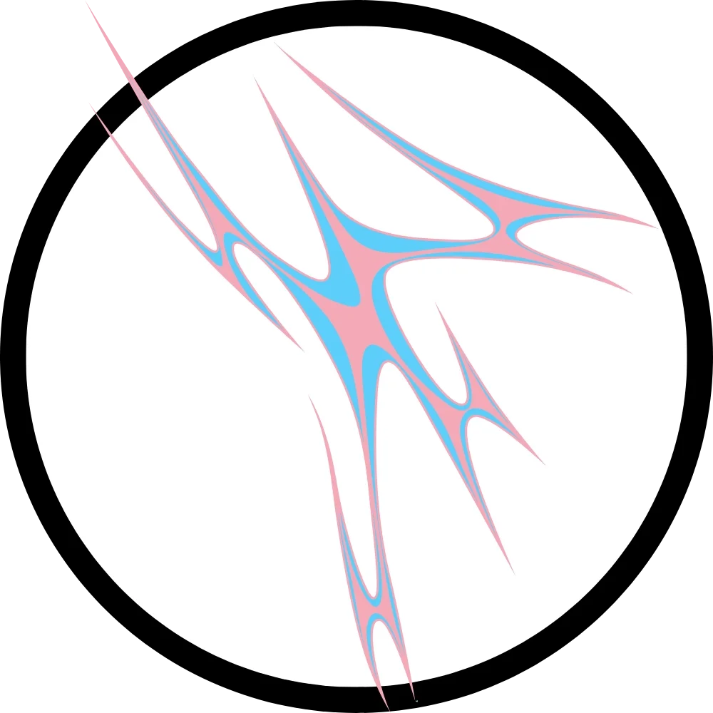 Abstract digital art featuring sharp, elongated, lightning bolt-like shapes in pink and blue on a white circular background, with a black outer border.