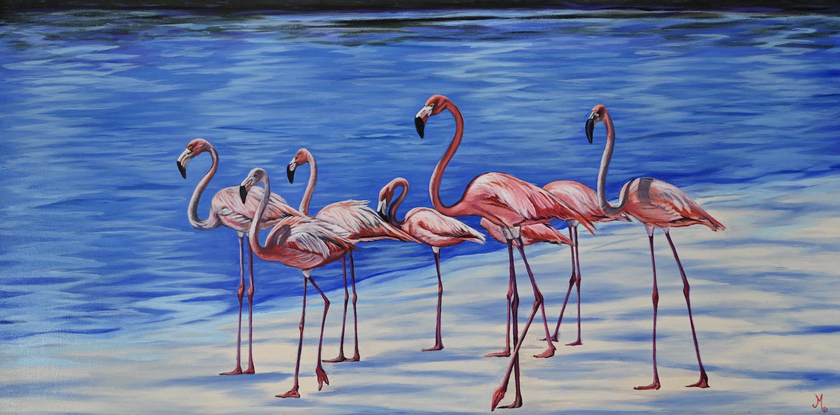 Eight flamingos_Monica Cuellar_Acrylic on board_60x121cm_lores.jpeg