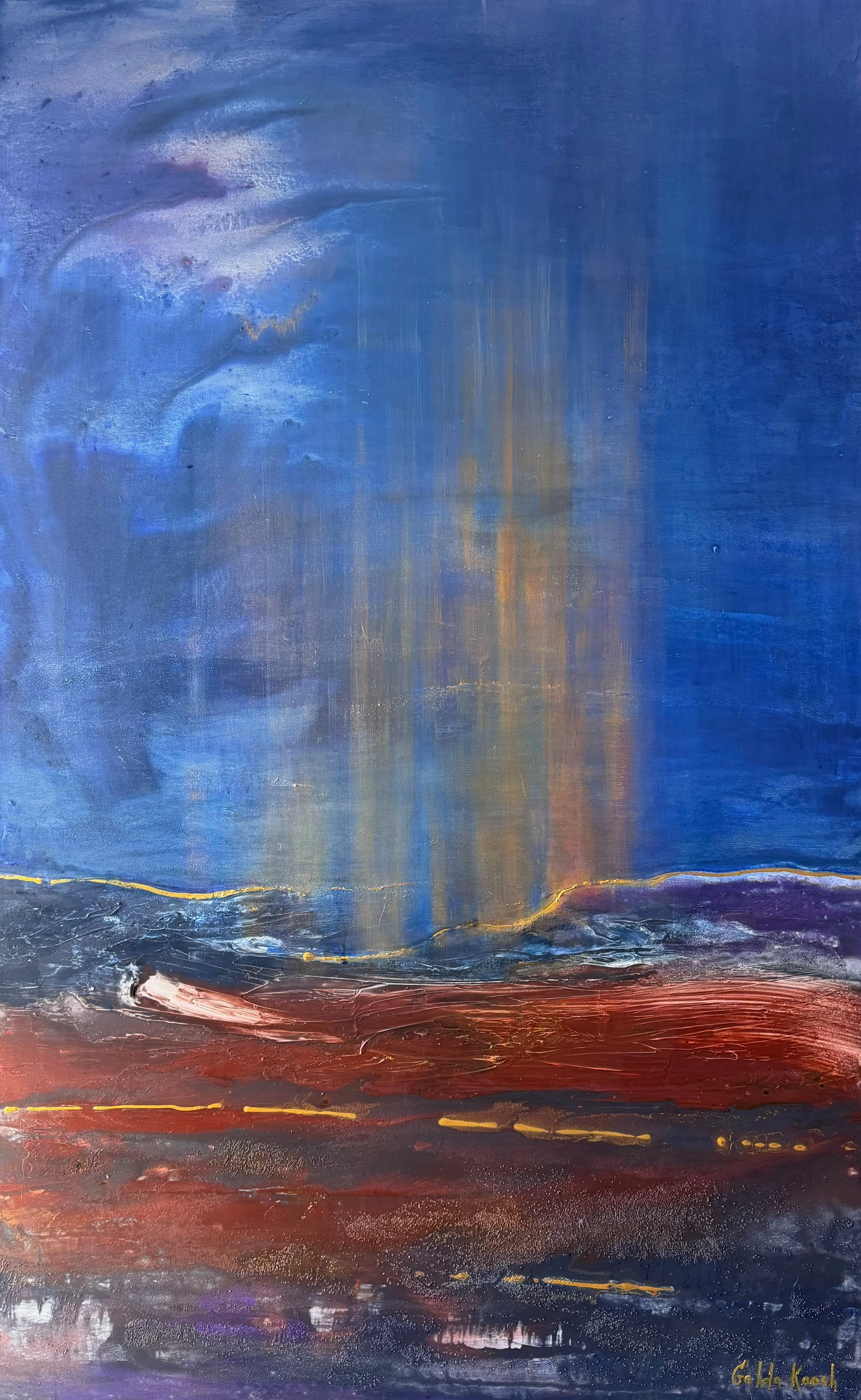 Light in the Desert (Pillar of Fire) - 160x100cm (62.9x39.3in) - The dark space of earth and sky holds the weight of the journey — doubt and fear. Yet we see the light: the pillar of fire that leads a people through the night and the desert, a sign o
