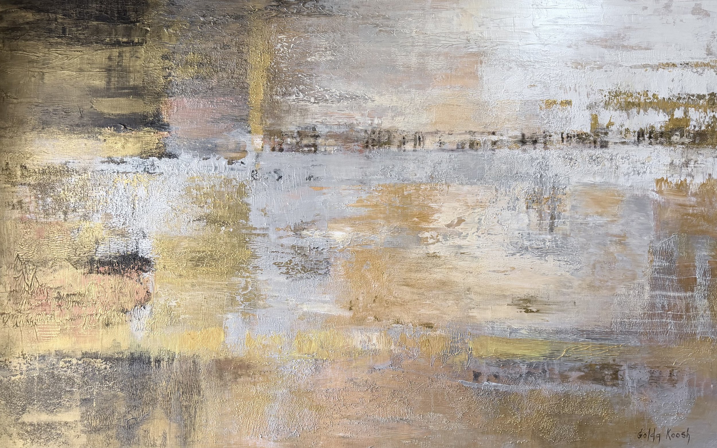 Mirages and Illusions of the Desert - 100x160cm (39.3x62.9in) - This work from the Exodus series, reflecting the continuation of the journey at the moment when orientation begins to dissolve.

The space appears open and luminous, yet lacks stability.