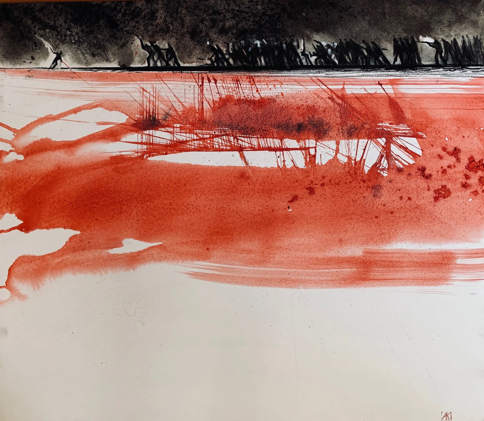 "The red zone" (2021). 70x80cm, clay based color and watercolor on paper