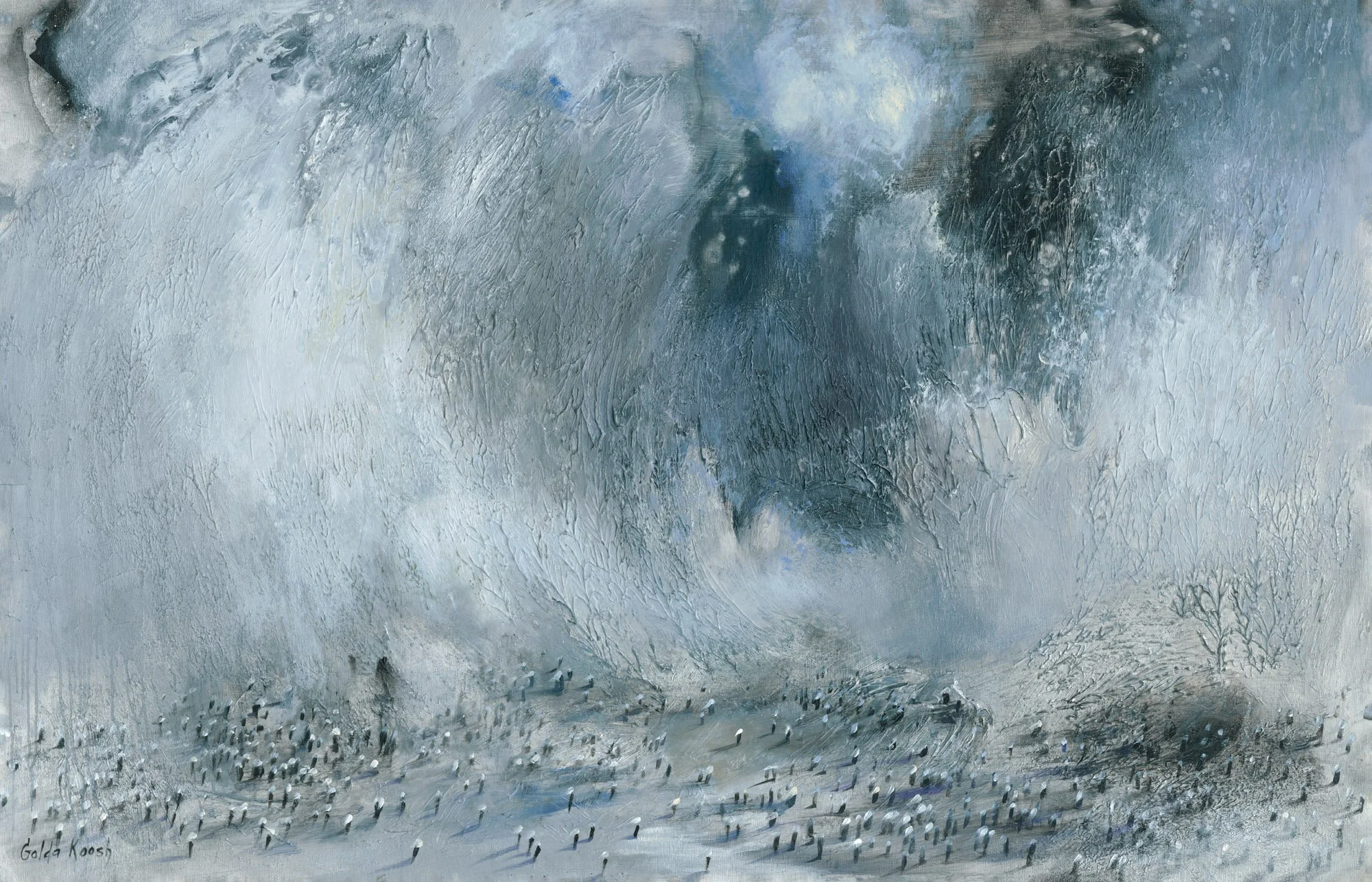 Passage Through Water 90x140cm
 This is the moment before the miracle — when people walk without knowing if the sea will remain open.   Water is not yet salvation, and the path is not yet secure. The figures are not heroes — they are presence, fragil