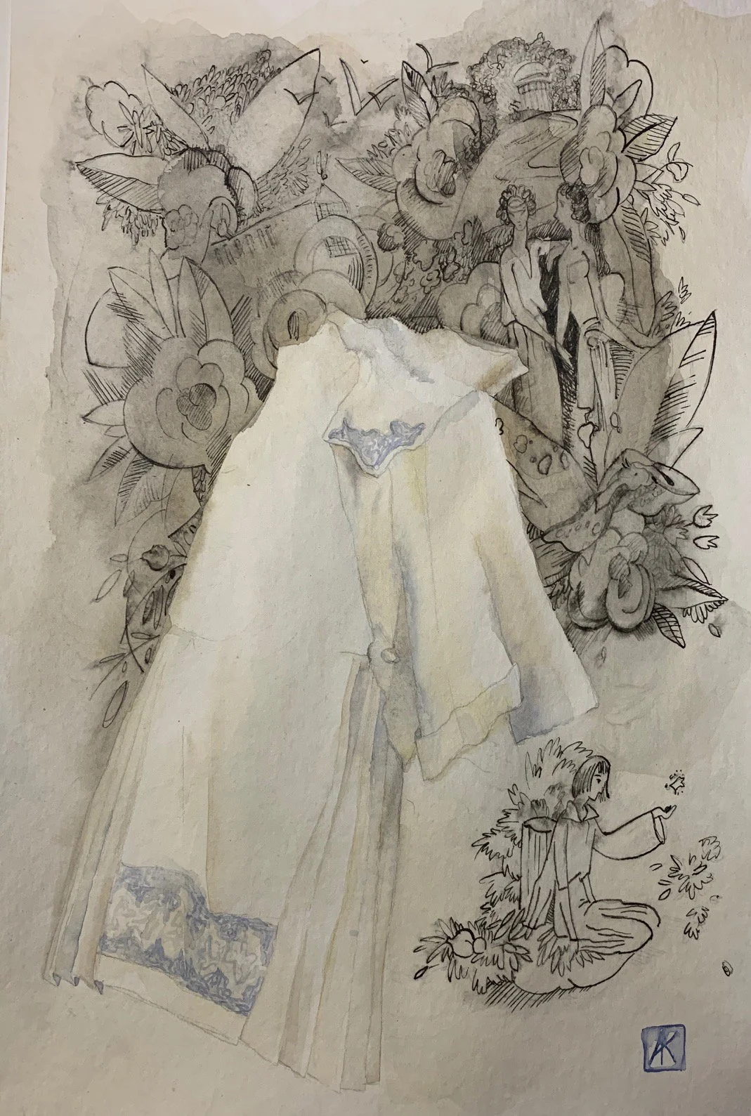 "The great-grandmother's dress" 2020
37x25cm, ink and watercolor on paper
sold