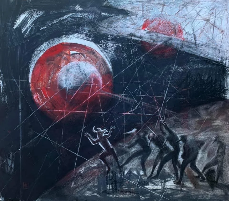 "Evolution" (2021). 70x80cm, clay based color, acrylic and watercolor on paper