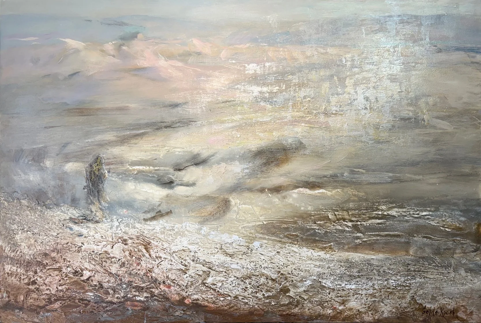 Before the Land, Moses on mount Nevo - 100x150 (39.3x59in) - This is the moment when Moshe sees the land he will not enter.

The figure stands at the edge of matter — almost dissolving into dust and light.
He is not a hero, nor the center, but a dens