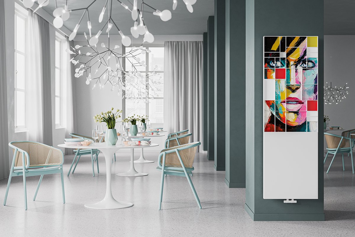 Patchwork διακοσμητικό καλοριφέρ κάθετης τοποθέτησης, χρώματος λευκού, με πολύχρωμη εικόνα, ιδανικό για τραπεζαρία.