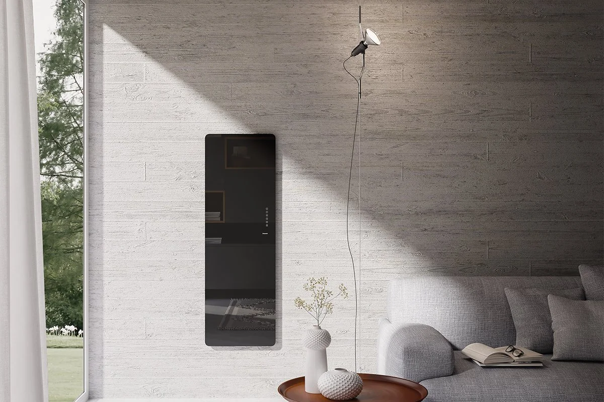 E-mirror ηλεκτρικο διακοσμητικό καλοριφέρ κάθετης τοποθέτησης, καθρέφτης χρώματος μαύρου, ιδανικό για σαλόνι.