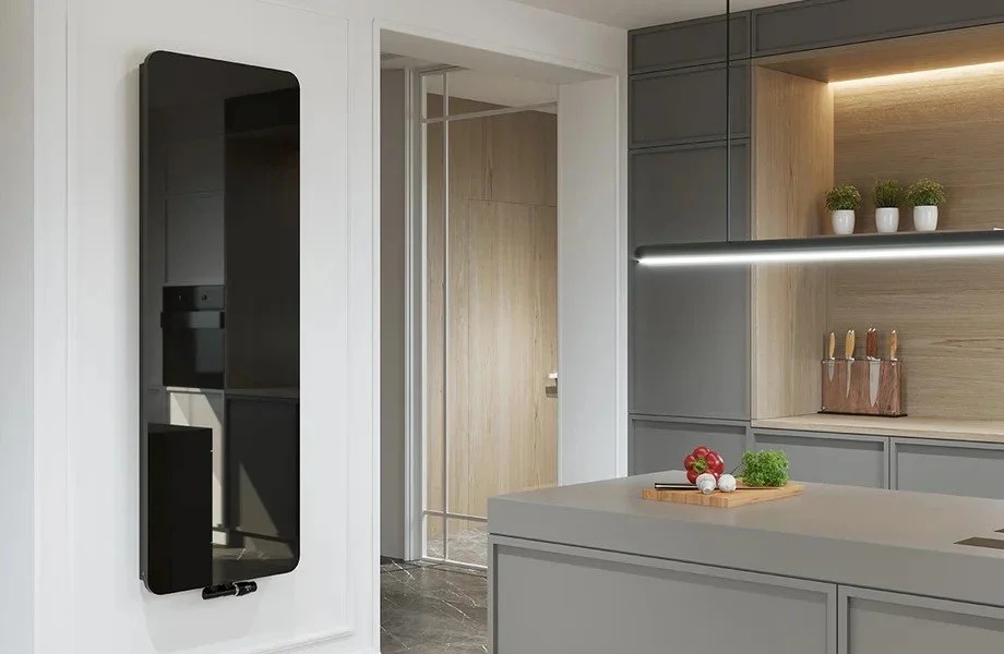 Indivi New διακοσμητικό καλοριφέρ, κάθετης τοποθέτησης, χρώματος μαύρο, με μαύρο καθρέφτη, ιδανικό για κουζίνα