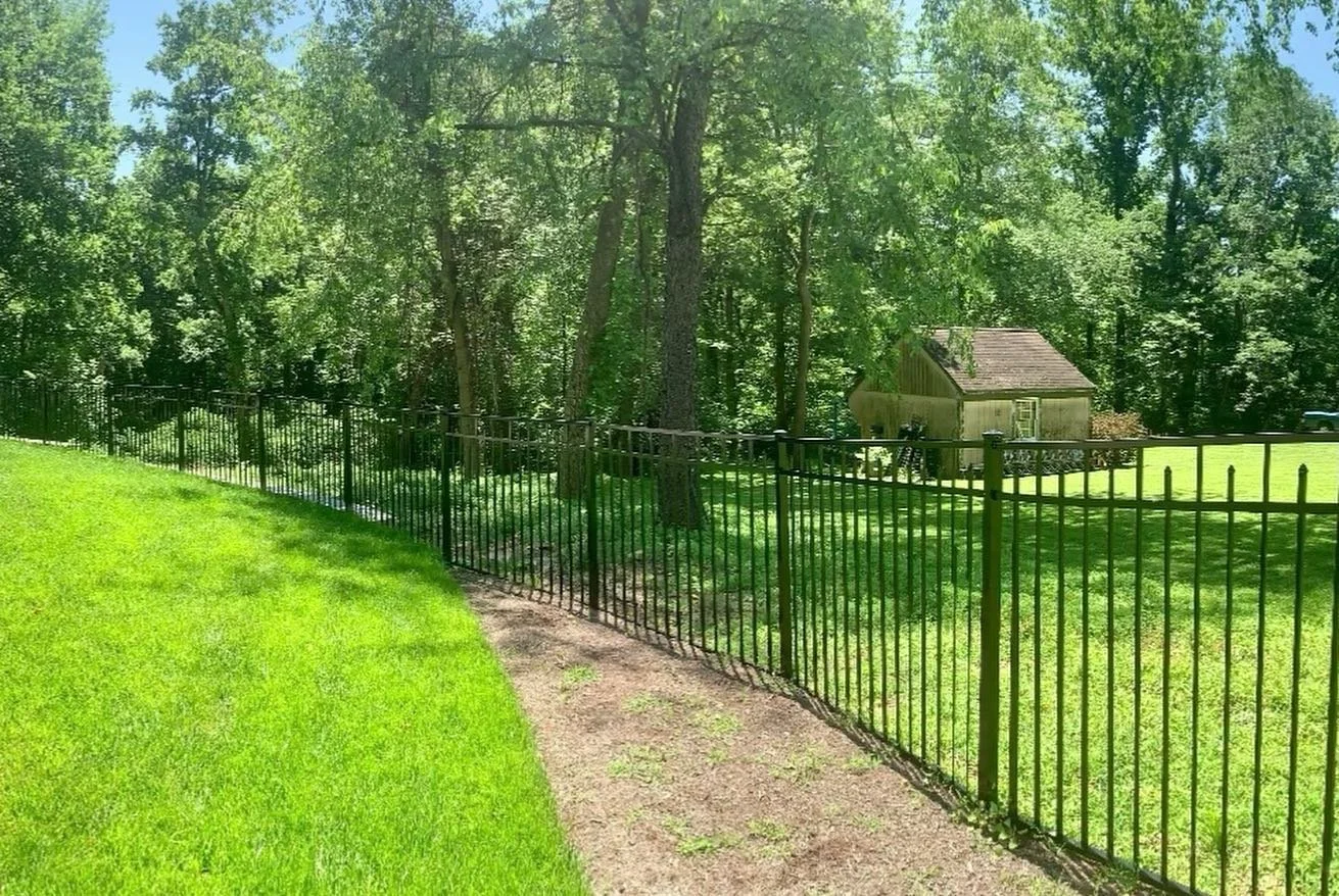 A black metal fence runs along a green lawn and dirt pathway, with trees in the background and a small shed in the distance.