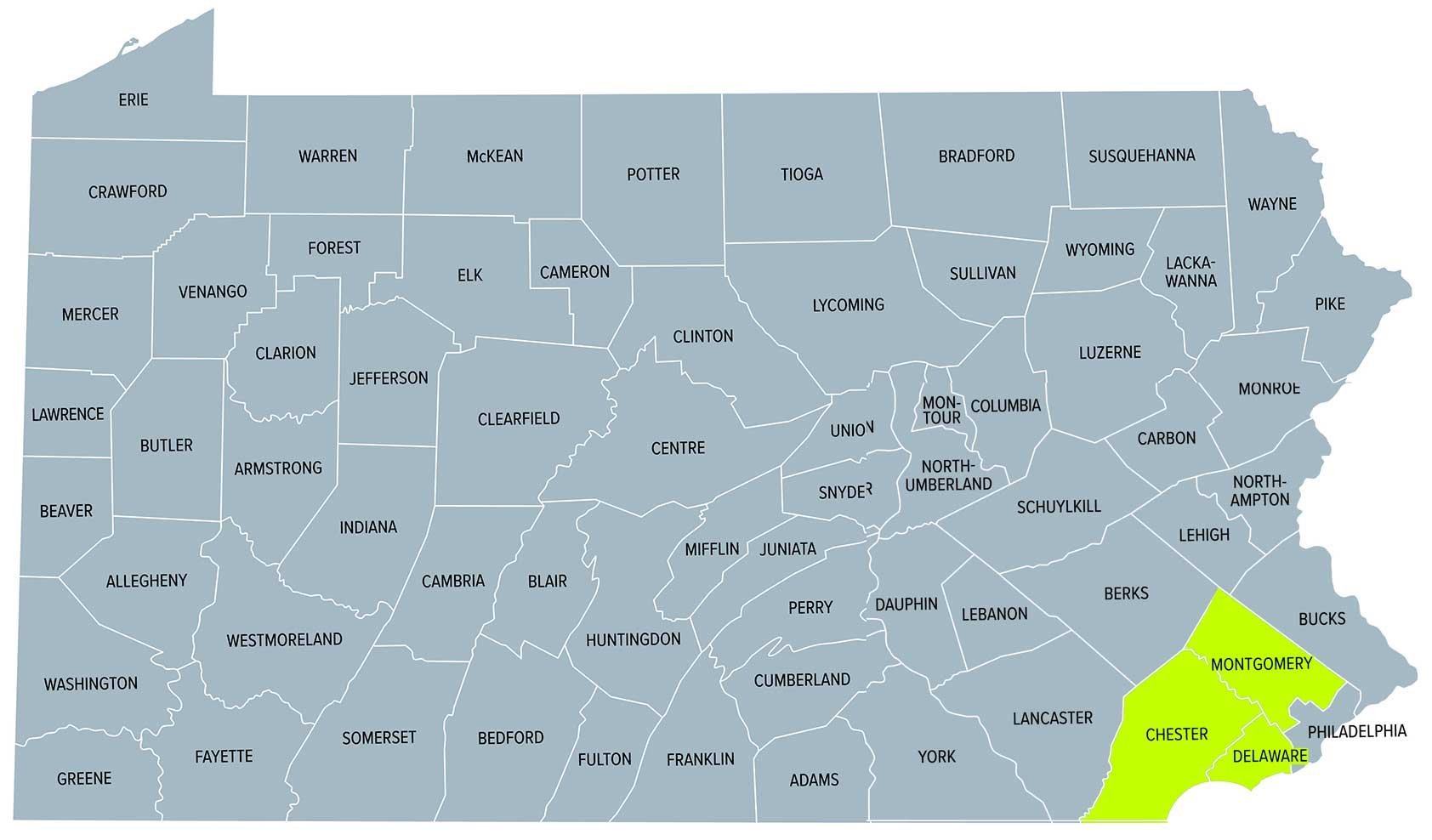 Map of Pennsylvania with counties highlighted in yellow, including Montgomery, Chester, Delaware, and Philadelphia.