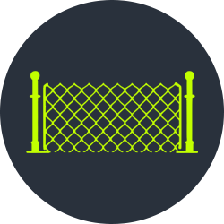 Neon green fence with posts and chain-link pattern on a dark circular background.