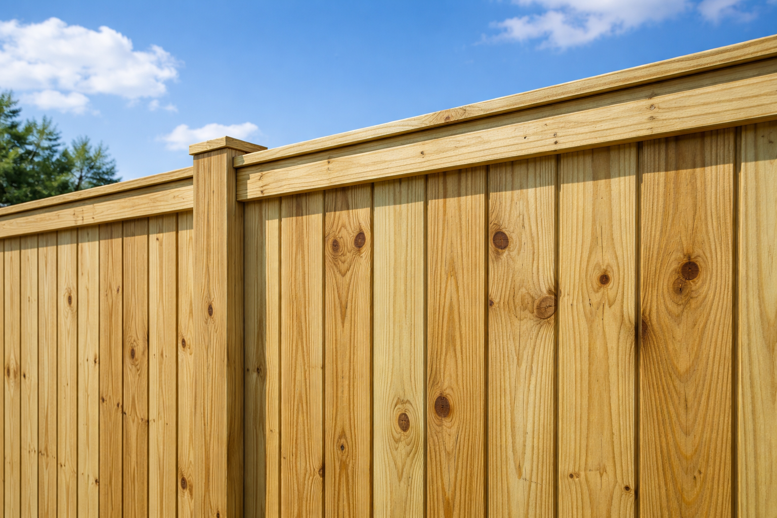 Close-up of a wooden privacy fence panels under a partly cloudy sky.