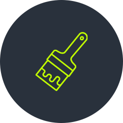 A neon green paintbrush icon on a dark circular background.