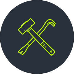 Icon of a hammer and wrench crossed over each other on a dark background.