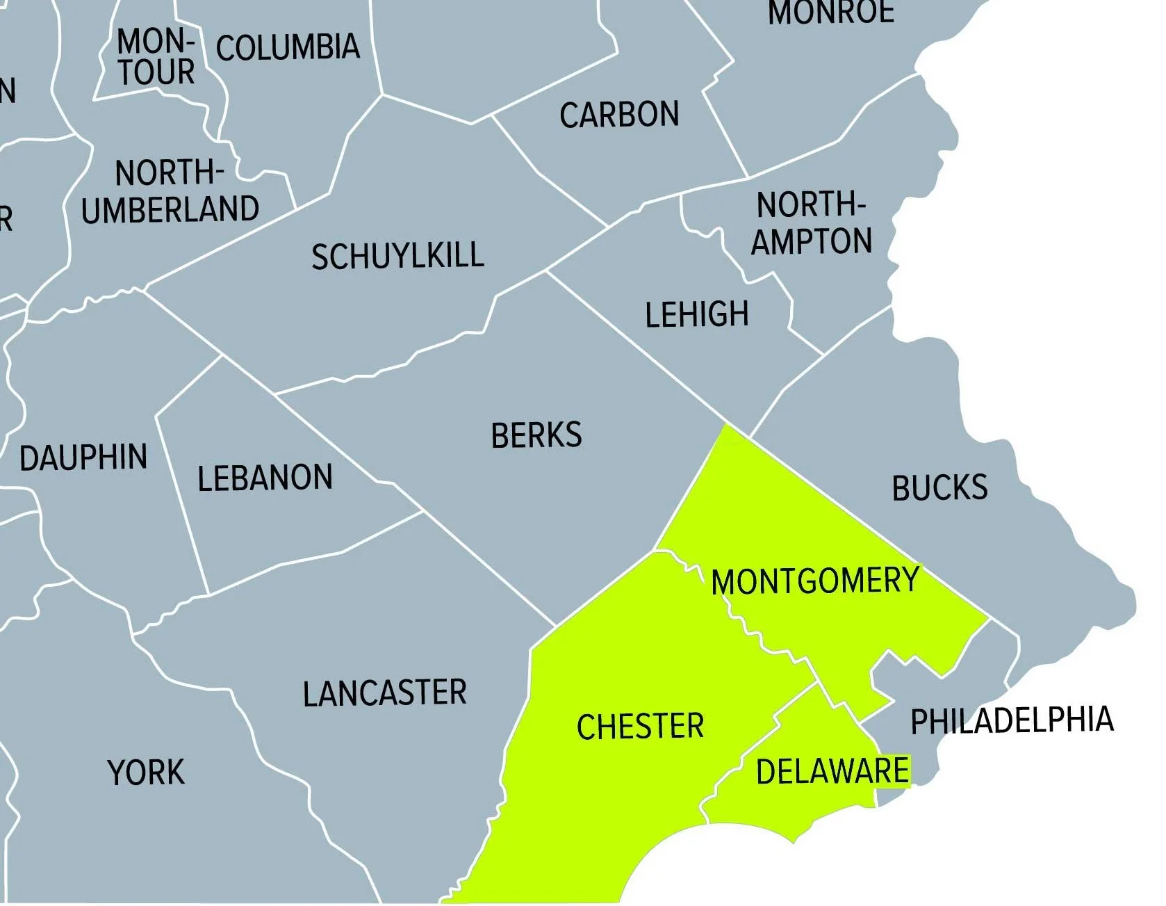 Map showing counties in Pennsylvania. Montgomery, Chester, and Delaware counties are highlighted in yellow. Other counties are in gray.