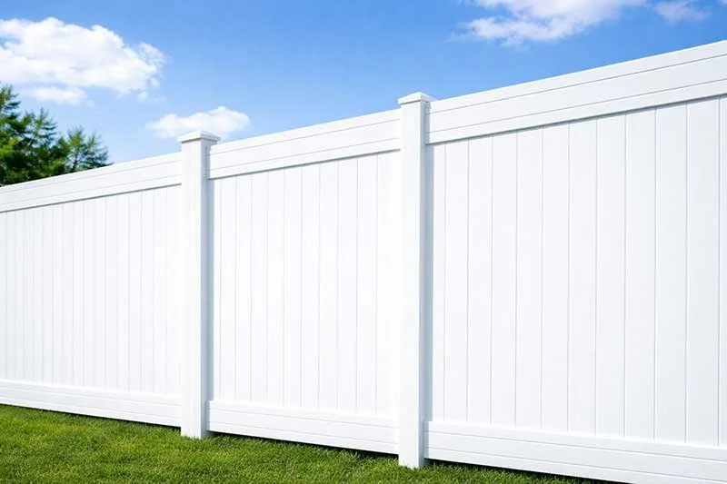 White vinyl privacy fence on a grassy lawn with blue sky and trees in the background.