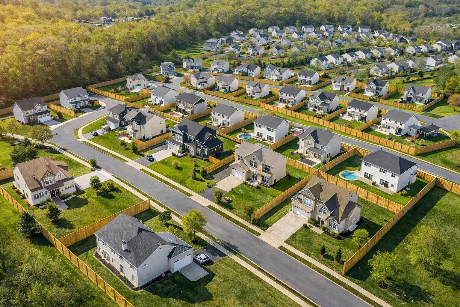 Aerial view of a suburban neighborhood with multiple single-family homes, manicured lawns, and fenced backyards, with trees and wooded area in the background.