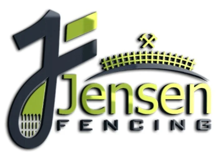 Logo for Jensen Fencing with stylized letter 'J', a small fence graphic, and a hammer icon, in black and lime green colors.