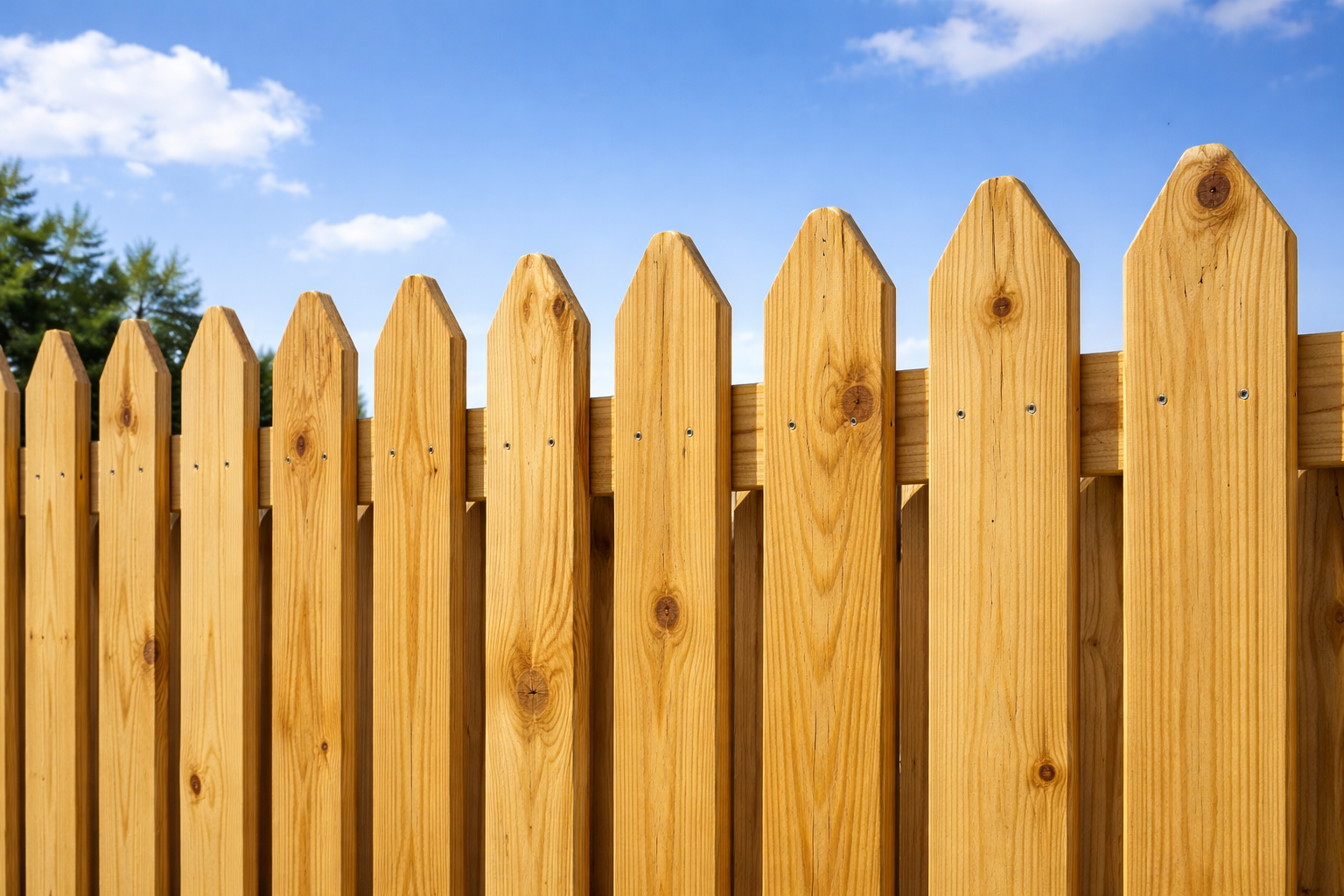 Close-up of a wooden picket fence with a blue sky and clouds in the background.