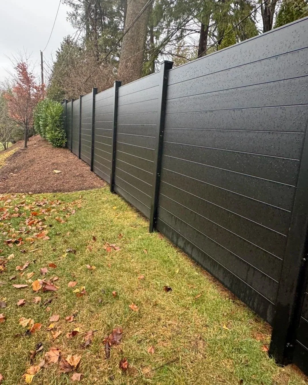A black privacy fence with horizontal slats, supported by black metal posts, runs along a grassy yard with fallen autumn leaves, with trees and cloudy sky in the background.