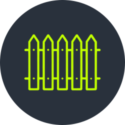 Green stylized fence or gate on a dark circular background.