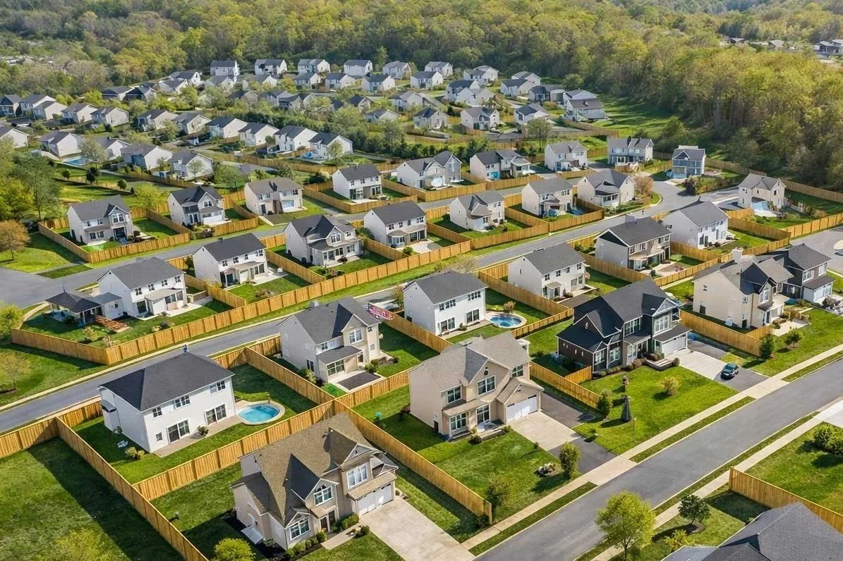 Aerial view of a suburban neighborhood with multiple single-family homes, fenced yards, green lawns, and paved roads. Some houses have swimming pools in their backyards.