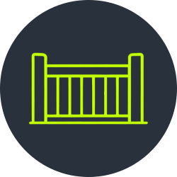 Neon green outline of a baby crib on a dark circular background