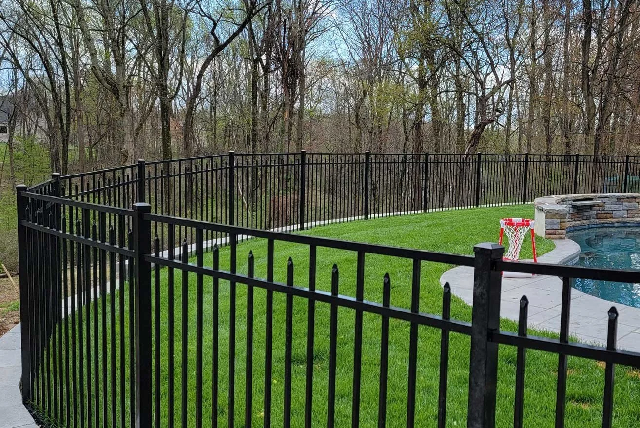 A backyard with a black metal fence, green grass, a swimming pool with a stone border, and a small basketball hoop near the pool.